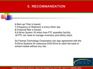 5. RECOMMANDATION

6.Ram-up Time is lowest
7.Frequency of Shipment is every other day
8.Financial Risk is lowest.
9.D-Drive System 10 miles from FTC assembly facility
10.FTC not need to manage inventory and safety stock.
So Fastraq Technology Corporation can sign agreement with the
D-Drive Systems for outsource DVD Drive to catch the back to
school market without any risk .

Supplier Evaluation & Selection, Report By: Emdadul Huq, Roll # 007, Batch # 7, PGDSCM, ISCEA

 