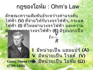 กฎของโอห์ม : Ohm’s Law
ลัก ษณะความสัม พัน ธ์ร ะหว่า งค่า แรงดัน
ไฟฟ้า (V) ที่จ ่า ยให้ก ับ วงจรไฟฟ้า , กระแส
ไฟฟ้า (I) ที่ไ หลผ่า นวงจรไฟฟ้า และความ
ต้า นทานของวงจรไฟฟ้า (R) มีร ูป แบบเป็น
อย่า งไร ?                     V
                            I=
                            R
              I มีห น่ว ยเป็น แอมแปร์ (A)
              V มีห น่ว ยเป็น โวลต์ (V)
Georg Simon Ohm มีห น่ว ยเป็น โอห์ม (Ω)
              R
(1789-1854)
 