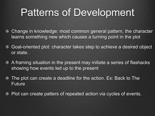 Openings
The opening provides a basis for what is to come and initiates us
into the narrative.

In Media Res: the opening is a series of actions that has already
started.

Exposition: the portion of the plot that lays out important story
events and character traits

Setup: the first quarter or so of a film’s plot
 