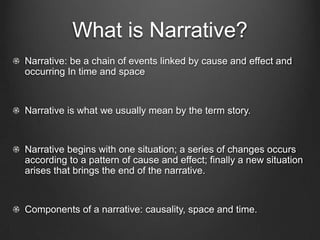 Chapter 3: Principles of
    Narration Construction
What is Narrative?

Plot and Story

Cause and Effect

Time

Space

Openings, Closings, and Patterns of Development
 