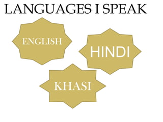 LANGUAGES I SPEAK

  ENGLISH
            HINDI

       KHASI
 