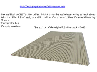 http://www.pagetutor.com/trillion/index.html


Next we'll look at ONE TRILLION dollars. This is that number we've been hearing so much about.
What is a trillion dollars? Well, it's a million million. It's a thousand billion. It's a one followed by
12 zeros.
You ready for this?
It's pretty surprising.
                                      That’s on top of the original 2.6 trillion back in 2006.
 