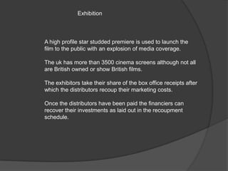 Exhibition



A high profile star studded premiere is used to launch the
film to the public with an explosion of media coverage.

The uk has more than 3500 cinema screens although not all
are British owned or show British films.

The exhibitors take their share of the box office receipts after
which the distributors recoup their marketing costs.

Once the distributors have been paid the financiers can
recover their investments as laid out in the recoupment
schedule.
 