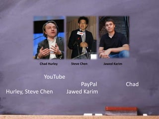 Chad Hurley    Steve Chen   Jawed Karim


              YouTube
                               PayPal                 Chad
Hurley, Steve Chen        Jawed Karim
 