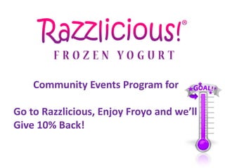 Community Events Program for

Go to Razzlicious, Enjoy Froyo and we’ll
Give 10% Back!
 
