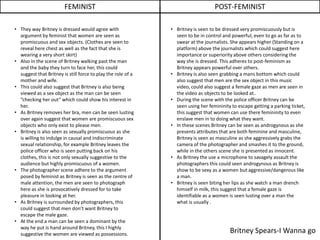 FEMINIST                                                  POST-FEMINIST

• They way Britney is dressed would agree with                • Britney is seen to be dressed very promiscuously but is
  argument by feminist that women are seen as                   seen to be in control and powerful, even to go as far as to
  promiscuous and sex objects. (Clothes are seen to             swear at the journalists. She appears higher (Standing on a
  reveal here chest as well as the fact that she is             platform) above the journalists which could suggest here
  wearing a very short skirt)                                   importance or superiority above others considering the
• Also in the scene of Britney walking past the man             way she is dressed. This adheres to post-feminism as
  and the baby they turn to face her, this could                Britney appears powerful over others.
  suggest that Britney is still force to play the role of a   • Britney is also seen grabbing a mans bottom which could
  mother and wife.                                              also suggest that men are the sex object in this music
• This could also suggest that Britney is also being            video, could also suggest a female gaze as men are seen in
  viewed as a sex object as the man can be seen                 the video as objects to be looked at..
  “checking her out” which could show his interest in         • During the scene with the police officer Britney can be
  her.                                                          seen using her femininity to escape getting a parking ticket,
• As Britney removes her bra, men can be seen lusting           this suggest that women can use there femininity to even
  over again suggest that women are promiscuous sex             enslave men in to doing what they want.
  objects who only exist to please men.                       • In these scenes Britney can be seen as androgynous as she
• Britney is also seen as sexually promiscuous as she           presents attributes that are both feminine and masculine,
  is willing to indulge in causal and indiscriminate            Britney is seen as masculine as she aggressively grabs the
  sexual relationship, for example Britney leaves the           camera of the photographer and smashes it to the ground,
  police officer who is seen putting back on his                while in the others scene she is presented as innocent.
  clothes, this is not only sexually suggestive to the        • As Britney the use a microphone to savagely assault the
  audience but highly promiscuous of a women.                   photographers this could seen androgynous as Britney is
• The photographer scene adhere to the argument                 show to be sexy as a women but aggressive/dangerous like
  posed by feminist as Britney is seen as the centre of         a man.
  male attention, the men are seen to photograph              • Britney is seen biting her lips as she watch a man drench
  here as she is provocatively dressed for to take              himself in milk, this suggest that a female gaze is
  pleasure in looking at her.                                   identifiable as a women is seen lusting over a man the
• As Britney is surrounded by photographers, this               what is usually .
  could suggest that men don’t want Britney to
  escape the male gaze.
• At the end a man can be seen a dominant by the
  way he put is hand around Britney, this I highly
  suggestive the women are viewed as possessions.
                                                                                         Britney Spears-I Wanna go
 