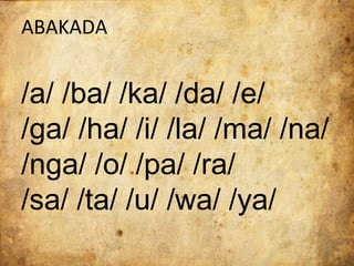 ABAKADA


/a/ /ba/ /ka/ /da/ /e/
/ga/ /ha/ /i/ /la/ /ma/ /na/
/nga/ /o/ /pa/ /ra/
/sa/ /ta/ /u/ /wa/ /ya/
 
