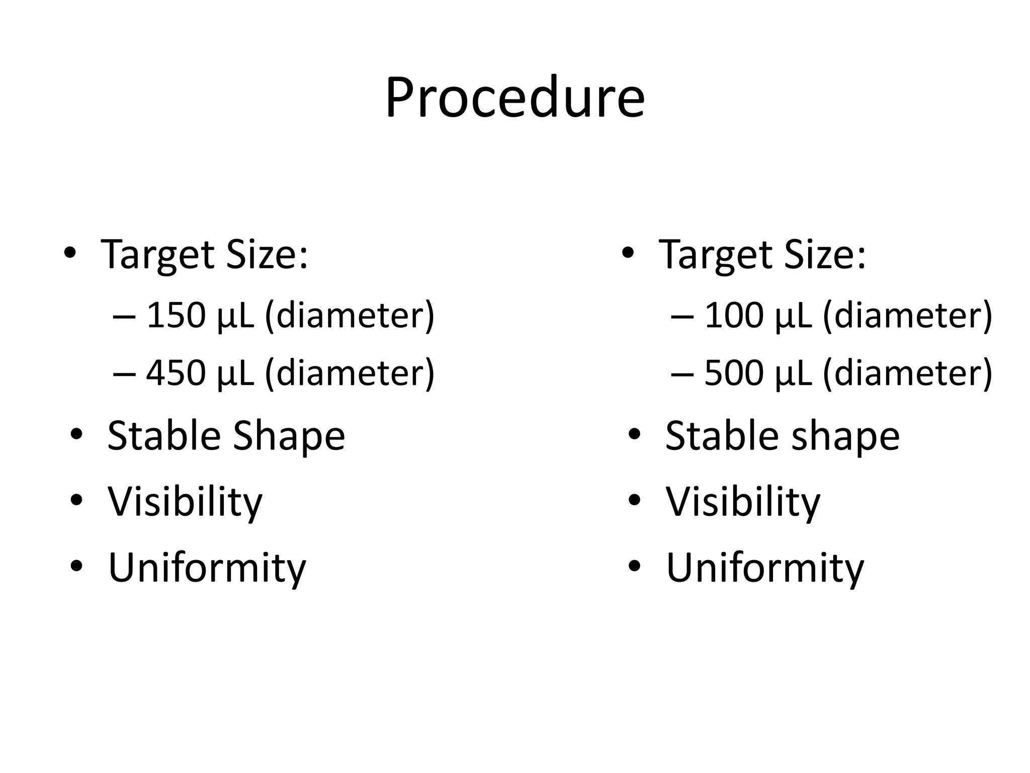 Procedure

• Target Size:           • Target Size:
  – 150 µL (diameter)        – 100 µL (diameter)
  – 450 µL (diameter)        – 500 µL (diameter)
• Stable Shape           • Stable shape
• Visibility             • Visibility
• Uniformity             • Uniformity
 