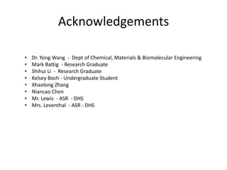 Acknowledgements

•   Dr. Yong Wang - Dept of Chemical, Materials & Biomolecular Engineering
•   Mark Battig - Research Graduate
•   Shihui Li - Research Graduate
•   Kelsey Boch - Undergraduate Student
•   Xhaolong Zhang
•   Niancao Chen
•   Mr. Lewis - ASR - DHS
•   Mrs. Leventhal - ASR - DHS
 