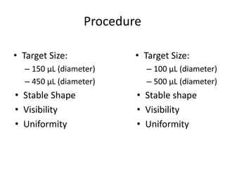 Procedure

• Target Size:           • Target Size:
  – 150 µL (diameter)        – 100 µL (diameter)
  – 450 µL (diameter)        – 500 µL (diameter)
• Stable Shape           • Stable shape
• Visibility             • Visibility
• Uniformity             • Uniformity
 