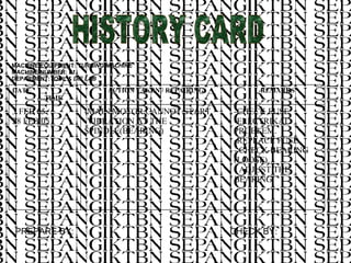 MACHINE/EQUIPMENT:  TURNING MACHINE MACHINE NUMBER:  01 DEPARMENT: TOOL & DIE LAB PREPARE BY:   CHECK BY: HISTORY CARD -CHECK FUSE. -ELECTRIKAL PROBLEM. -REPLACE FUSE. - CHECK BEARING (LOOSE). - ADJUST THE BEARING -MAIN MOTOR CANNOT START. -VIBRATION AT THE SPINDLE(BEARING) 3 FEB 05 28 FEB 05 REMARKS ACTION TAKEN / REPAIRING DATE TIME 