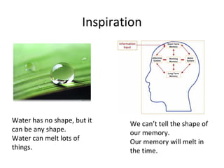 Inspiration




Water has no shape, but it    We can’t tell the shape of
can be any shape.             our memory.
Water can melt lots of        Our memory will melt in
things.                       the time.
 