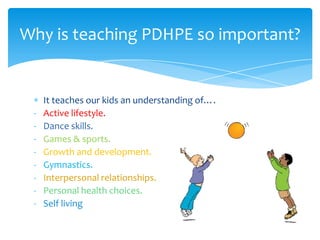 Why is teaching PDHPE so important?


     It teaches our kids an understanding of….
 -   Active lifestyle.
 -   Dance skills.
 -   Games & sports.
 -   Growth and development.
 -   Gymnastics.
 -   Interpersonal relationships.
 -   Personal health choices.
 -   Self living
 