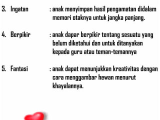 3. Ingatan    : anak menyimpan hasil pengamatan didalam
                memori otaknya untuk jangka panjang.

4. Berpikir   : anak dapar berpikir tentang sesuatu yang
                belum diketahui dan untuk ditanyakan
                kepada guru atau teman-temannya

5. Fantasi    : anak dapat menunjukkan kreativitas dengan
                cara menggambar hewan menurut
                khayalannya.
 