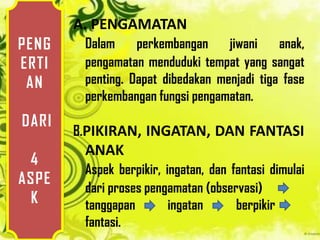 A. PENGAMATAN
PENG    Dalam     perkembangan     jiwani    anak,
ERTI    pengamatan menduduki tempat yang sangat
 AN     penting. Dapat dibedakan menjadi tiga fase
        perkembangan fungsi pengamatan.
DARI
       B.PIKIRAN, INGATAN, DAN FANTASI
        ANAK
 4
        Aspek berpikir, ingatan, dan fantasi dimulai
ASPE
        dari proses pengamatan (observasi)
 K      tanggapan        ingatan      berpikir
        fantasi.
 