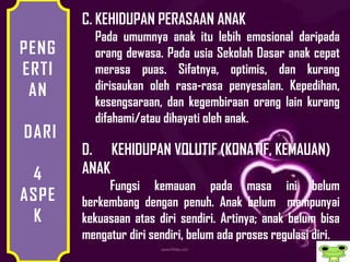 C. KEHIDUPAN PERASAAN ANAK
         Pada umumnya anak itu lebih emosional daripada
PENG     orang dewasa. Pada usia Sekolah Dasar anak cepat
ERTI     merasa puas. Sifatnya, optimis, dan kurang
 AN      dirisaukan oleh rasa-rasa penyesalan. Kepedihan,
         kesengsaraan, dan kegembiraan orang lain kurang
         difahami/atau dihayati oleh anak.
DARI
       D. KEHIDUPAN VOLUTIF (KONATIF, KEMAUAN)
 4     ANAK
            Fungsi kemauan pada masa ini belum
ASPE   berkembang dengan penuh. Anak belum mempunyai
 K     kekuasaan atas diri sendiri. Artinya; anak belum bisa
       mengatur diri sendiri, belum ada proses regulasi diri.
 