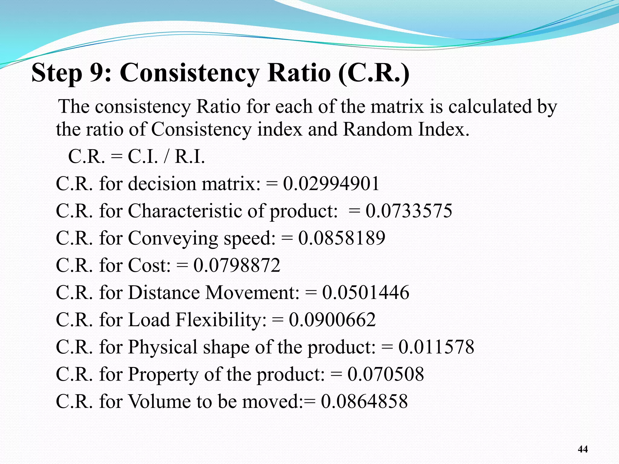 Step 9: Consistency Ratio (C.R.)
  The consistency Ratio for each of the matrix is calculated by
  the ratio of Consistency index and Random Index.
    C.R. = C.I. / R.I.
  C.R. for decision matrix: = 0.02994901
  C.R. for Characteristic of product: = 0.0733575
  C.R. for Conveying speed: = 0.0858189
  C.R. for Cost: = 0.0798872
  C.R. for Distance Movement: = 0.0501446
  C.R. for Load Flexibility: = 0.0900662
  C.R. for Physical shape of the product: = 0.011578
  C.R. for Property of the product: = 0.070508
  C.R. for Volume to be moved:= 0.0864858

                                                                  44
 