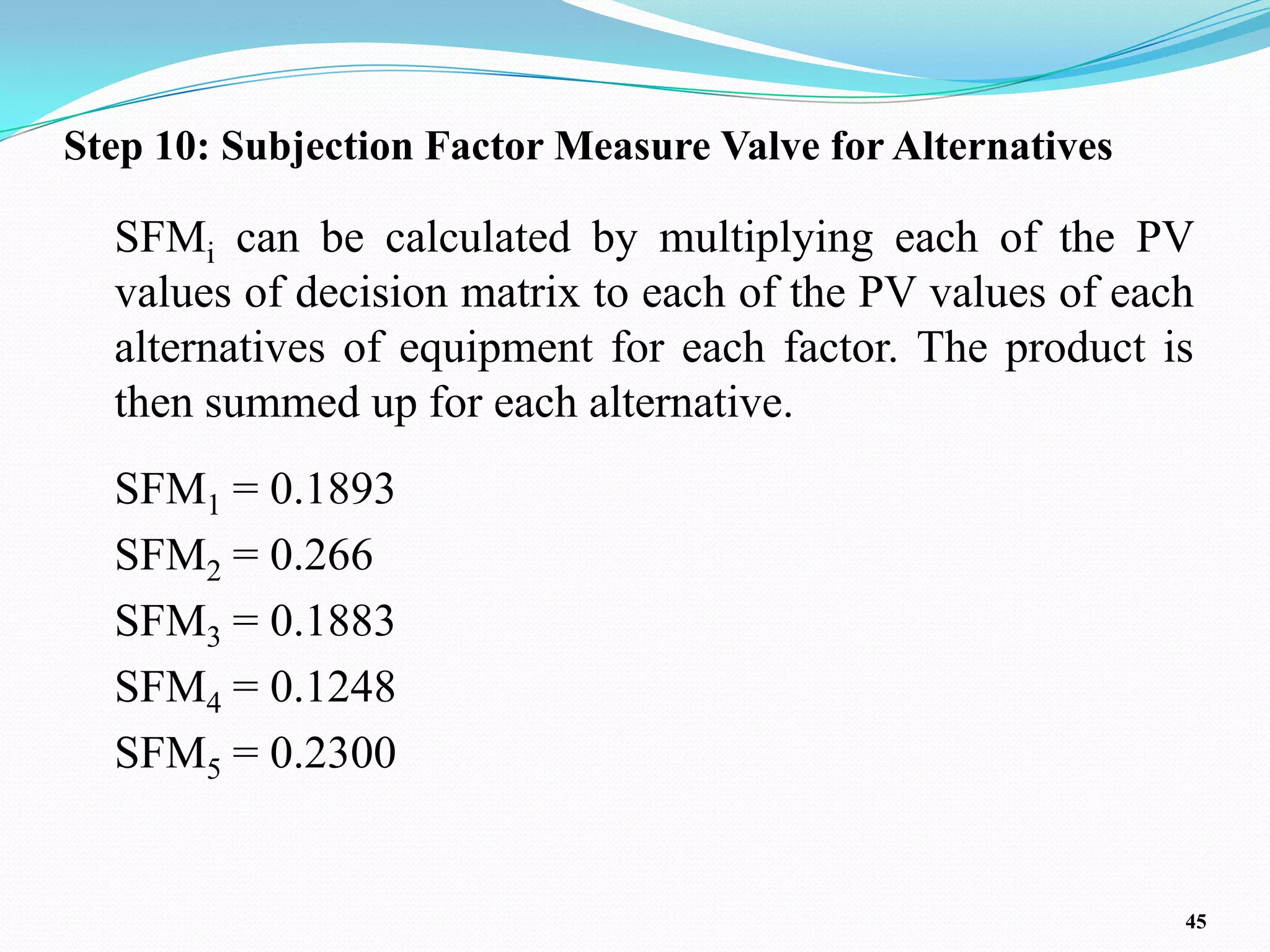 Step 10: Subjection Factor Measure Valve for Alternatives

  SFMi can be calculated by multiplying each of the PV
  values of decision matrix to each of the PV values of each
  alternatives of equipment for each factor. The product is
  then summed up for each alternative.
  SFM1 = 0.1893
  SFM2 = 0.266
  SFM3 = 0.1883
  SFM4 = 0.1248
  SFM5 = 0.2300


                                                            45
 
