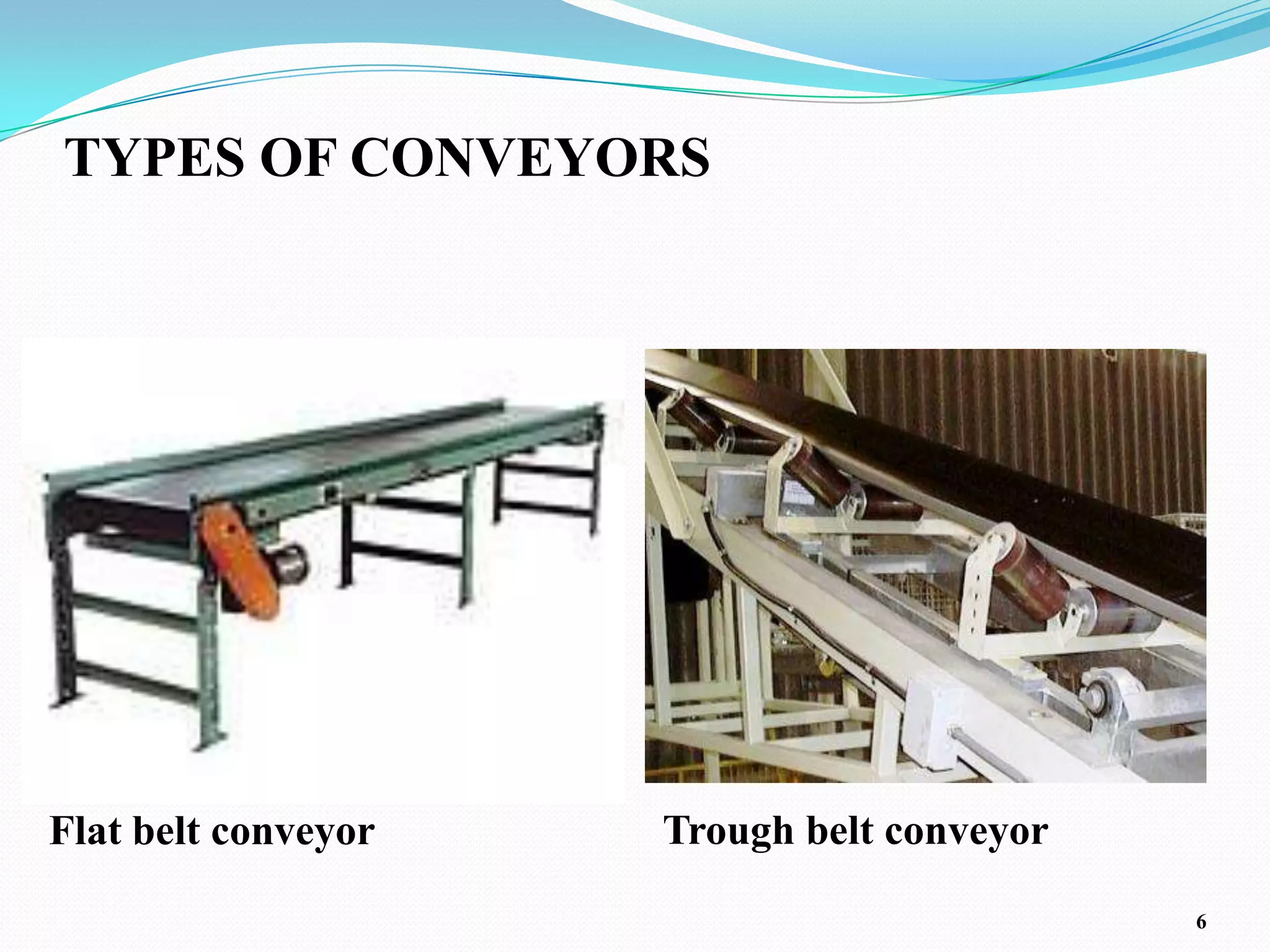 TYPES OF CONVEYORS




Flat belt conveyor   Trough belt conveyor
                                            6
 