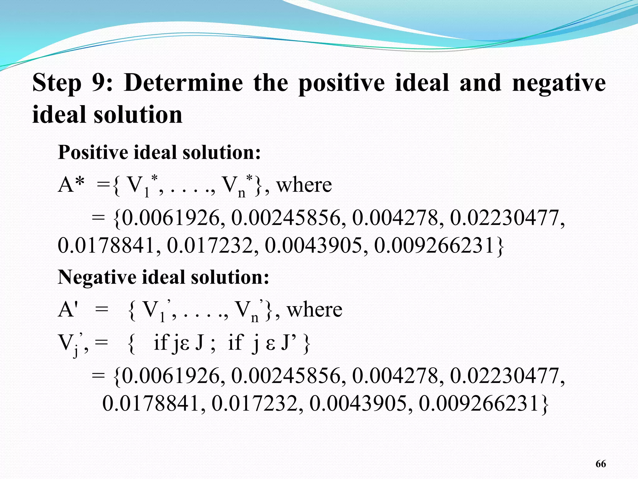 Step 9: Determine the positive ideal and negative
ideal solution
  Positive ideal solution:
  A* ={ V1*, . . . ., Vn*}, where
     = {0.0061926, 0.00245856, 0.004278, 0.02230477,
  0.0178841, 0.017232, 0.0043905, 0.009266231}
  Negative ideal solution:
  A' = { V1’, . . . ., Vn’}, where
  Vj’, = { if jε J ; if j ε J’ }
      = {0.0061926, 0.00245856, 0.004278, 0.02230477,
        0.0178841, 0.017232, 0.0043905, 0.009266231}

                                                        66
 