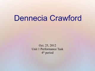 Dennecia Crawford


         Oct. 25, 2012
    Unit 1 Performance Task
            4th period
 