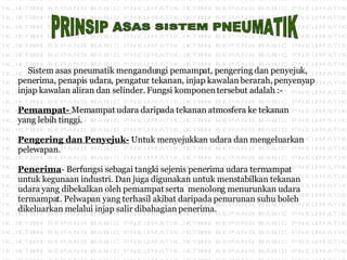 Sistem asas pneumatik mengandungi pemampat, pengering dan penyejuk,  penerima, penapis udara, pengatur tekanan, injap kawalan berarah, penyenyap injap kawalan aliran dan selinder. Fungsi komponen tersebut adalah :- Pemampat-  Memampat udara daripada tekanan atmosfera ke tekanan  yang lebih tinggi. Pengering dan Penyejuk-  Untuk menyejukkan udara dan mengeluarkan pelewapan. Penerima - Berfungsi sebagai tangki sejenis penerima udara termampat  untuk kegunaan industri. Dan juga digunakan untuk menstabilkan tekanan udara yang dibekalkan oleh pemampat serta  menolong menurunkan udara  termampat. Pelwapan yang terhasil akibat daripada penurunan suhu boleh  dikeluarkan melalui injap salir dibahagian penerima. PRINSIP ASAS SISTEM PNEUMATIK 