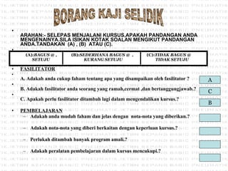 ARAHAN:- SELEPAS MENJALANI KURSUS,APAKAH PANDANGAN ANDA MENGENAINYA.SILA ISIKAN KOTAK SOALAN MENGIKUT PANDANGAN ANDA.TANDAKAN  (A) , (B)  ATAU (C). FASILITATOR A. Adakah anda cukup faham tentang apa yang disampaikan oleh fasilitator ? B. Adakah fasilitator anda seorang yang ramah,cermat ,dan bertanggungjawab.?  C. Apakah perlu fasilitator ditambah lagi dalam mengendalikan kursus.? PEMBELAJARAN Adakah anda mudah faham dan jelas dengan  nota-nota yang diberikan.? Adakah nota-nota yang diberi berkaitan dengan keperluan kursus.? Perlukah ditambah banyak program amali.? Adakah peralatan pembelajaran dalam kursus mencukupi.? BORANG KAJI SELIDIK (A): BAGUS  @ ,  (B): SEDERHANA BAGUS @  ,  (C): TIDAK BAGUS @ SETUJU    KURANG SETUJU   TIDAK SETUJU A C B 