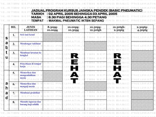 REHAT REHAT JADUAL PROGRAM KURSUS JANGKA PENDEK (BASIC PNEUMATIC) TARIKH : 02 APRIL 2005 SEHINGGA 03 APRIL 2005 MASA : 8.30 PAGI SEHINGGA 4.30 PETANG TEMPAT : MAKMAL PNEUMATIC IKTBN SEPANG Menulis laporan dan borang kaji selidik 8. Membuat praktikal 7. Memeriksa dan menguji mesin 6. Memeriksa dan mengendalikan mesin  5. Penyeliaan di tempat kerja 4. Membuat lawatan ke bengkel 3. Mendengar taklimat 2. Sesi suai kenal 1. 2.30ptg-4.30ptg 12.30tgh-2.30ptg 10.30pg-12.30tgh 10.00pg-10.30pg 8.30pg-10.00pg  JENIS LATIHAN BIL  sabtu ahad 