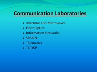 Communication Laboratories
    Antennas and Microwaves
    Fiber Optics
    Information Networks
    SPANN
    Telematics
    TI-DSP
 