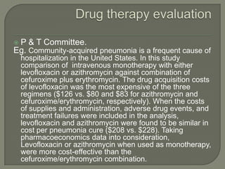 P & T Committee.
Eg. Community-acquired pneumonia is a frequent cause of
    hospitalization in the United States. In this study
    comparison of intravenous monotherapy with either
    levofloxacin or azithromycin against combination of
    cefuroxime plus erythromycin. The drug acquisition costs
    of levofloxacin was the most expensive of the three
    regimens ($126 vs. $80 and $83 for azithromycin and
    cefuroxime/erythromycin, respectively). When the costs
    of supplies and administration, adverse drug events, and
    treatment failures were included in the analysis,
    levofloxacin and azithromycin were found to be similar in
    cost per pneumonia cure ($208 vs. $228). Taking
    pharmacoeconomics data into consideration,
    Levofloxacin or azithromycin when used as monotherapy,
    were more cost-effective than the
    cefuroxime/erythromycin combination.
 