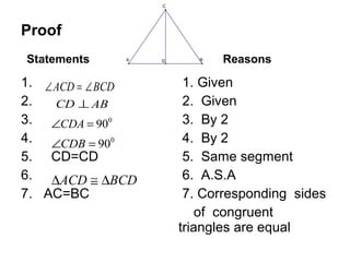 C




Proof
Statements    A    D      B   Reasons

1. ∠ ACD = ∠ BCD        1. Given
2.   CD ⊥ AB            2. Given
3. ∠CDA = 900           3. By 2
4. ∠CDB = 900           4. By 2
5. CD=CD                5. Same segment
6. ∆ACD ≅ ∆BCD          6. A.S.A
7. AC=BC                7. Corresponding sides
                           of congruent
                       triangles are equal
 
