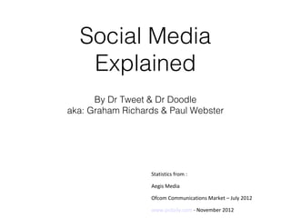 Social Media
   Explained
      By Dr Tweet & Dr Doodle
aka: Graham Richards & Paul Webster




                  Statistics from :

                  Aegis Media

                  Ofcom Communications Market – July 2012

                  www.prdaily.com - November 2012
 