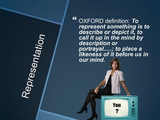  OXFORD definition: To
  represent something is to
  describe or depict it, to
  call it up in the mind by
  description or
  portrayal.....; to place a
  likeness of it before us in
  our mind.
 