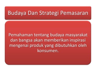 Budaya Dan Strategi Pemasaran


Pemahaman tentang budaya masyarakat
 dan bangsa akan memberikan inspirasi
mengenai produk yang dibutuhkan oleh
              konsumen.
 