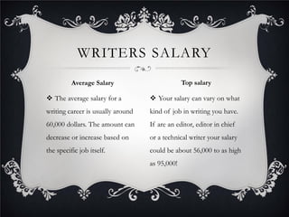 WRITERS SALARY
          Average Salary                        Top salary

 The average salary for a          Your salary can vary on what
writing career is usually around   kind of job in writing you have.
60,000 dollars. The amount can     If are an editor, editor in chief
decrease or increase based on      or a technical writer your salary
the specific job itself.           could be about 56,000 to as high
                                   as 95,000!
 