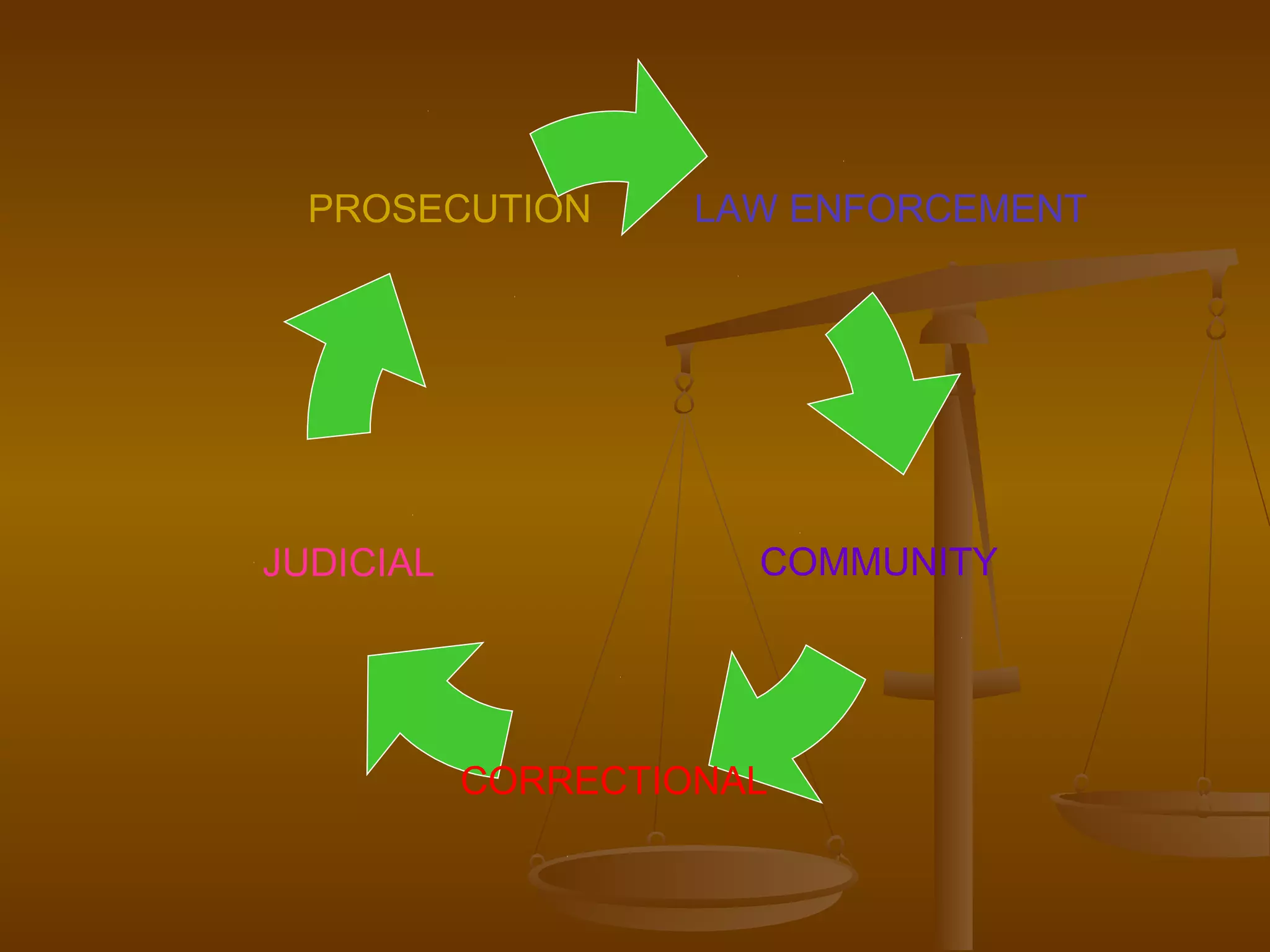 PROSECUTION       LAW ENFORCEMENT




JUDICIAL              COMMUNITY




           CORRECTIONAL
 