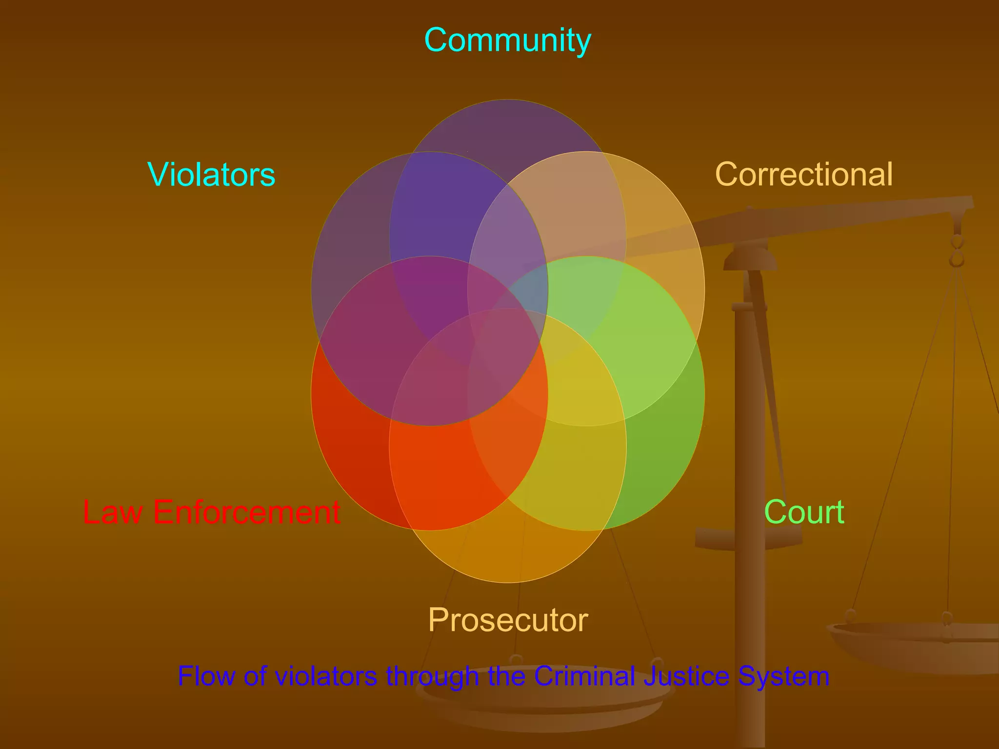 Community



   Violators                                    Correctional




Law Enforcement                                     Court


                         Prosecutor
     Flow of violators through the Criminal Justice System
 