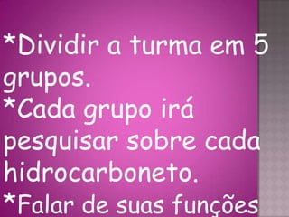 *Dividir a turma em 5
grupos.
*Cada grupo irá
pesquisar sobre cada
hidrocarboneto.
*Falar de suas funções