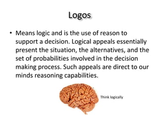 Logos
• Means logic and is the use of reason to
  support a decision. Logical appeals essentially
  present the situation, the alternatives, and the
  set of probabilities involved in the decision
  making process. Such appeals are direct to our
  minds reasoning capabilities.

                                Think logically
 