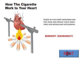 ROKOK INI PUN DAPAT MENYEBAB KAN-
HATI ANDA DAN ORGAN TUBUH ANDA -
YANG LAIN MENGALAMI KERUSAKKAN.




 BERHENTI SEKARANG!!!!




                    NEXT
 