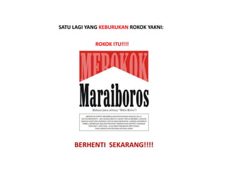 SATU LAGI YANG KEBURUKAN ROKOK YAKNI:


            ROKOK ITU!!!!




     BERHENTI SEKARANG!!!!
 