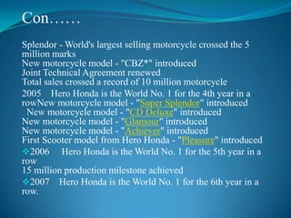 Con……
Splendor - World's largest selling motorcycle crossed the 5
million marks
New motorcycle model - "CBZ*" introduced
Joint Technical Agreement renewed
Total sales crossed a record of 10 million motorcycle
2005 Hero Honda is the World No. 1 for the 4th year in a
rowNew motorcycle model - "Super Splendor" introduced
 New motorcycle model - "CD Deluxe" introduced
New motorcycle model - "Glamour" introduced
New motorcycle model - "Achiever" introduced
First Scooter model from Hero Honda - "Pleasure" introduced
2006 Hero Honda is the World No. 1 for the 5th year in a
row
15 million production milestone achieved
2007 Hero Honda is the World No. 1 for the 6th year in a
row.
 