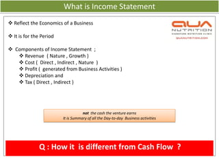 What is Income Statement
 Reflect the Economics of a Business

 It is for the Period

 Components of Income Statement ;
    Revenue ( Nature , Growth )
    Cost ( Direct , Indirect , Nature )
    Profit ( generated from Business Activities )
    Depreciation and
    Tax ( Direct , Indirect )




                                    not the cash the venture earns
                         It is Summary of all the Day-to-day Business activities




              Q : How it is different from Cash Flow ?
 