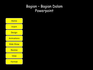 Bagian – Bagian Dalam
                  Powerpoint

  Home

  Insert

  Design

Animations

Slide Show

 Review

  View

 Format
 