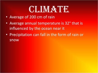 Climate
• Average of 200 cm of rain
• Average annual temperature is 32° that is
influenced by the ocean near it
• Precipitation can fall in the form of rain or
snow