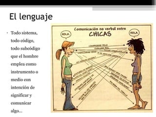 El lenguaje
• Todo sistema,
  todo código,
  todo subcódigo
  que el hombre
  emplea como
  instrumento o
  medio con
  intención de
  significar y
  comunicar
  algo…
 