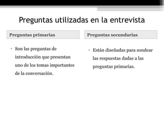 Preguntas utilizadas en la entrevista
Preguntas primarias              Preguntas secundarias


• Son las preguntas de           • Están diseñadas para sondear
  introducción que presentan       las respuestas dadas a las
  uno de los temas importantes     preguntas primarias.
  de la conversación.
 