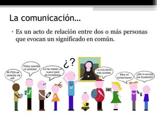 La comunicación…
• Es un acto de relación entre dos o más personas
  que evocan un significado en común.
 