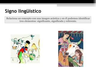 Signo lingüístico
Relaciona un concepto con una imagen acústica y en él podemos identificar
           tres elementos: significante, significado y referente.
 