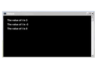 The value of i is 3 The value of i is -3 The value of i is 0 